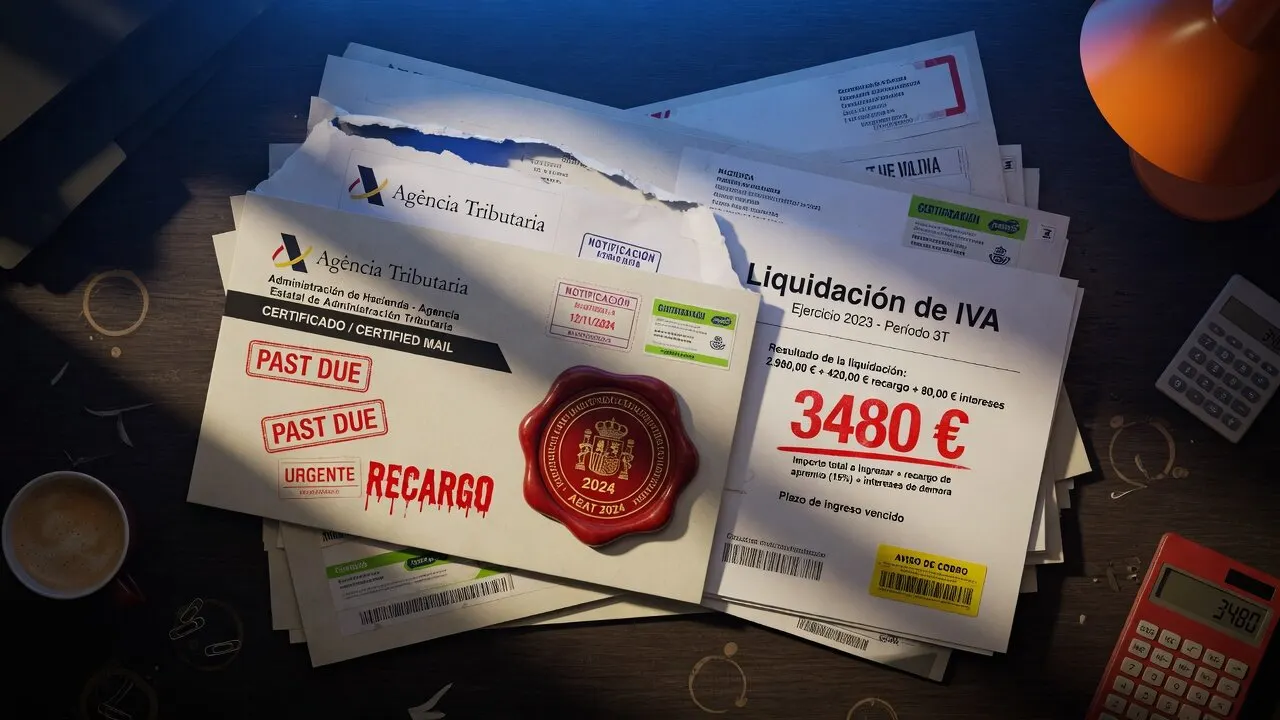 Liquidación de IVA de Hacienda con 3.480 € a ingresar, sellos de recargo y certificado