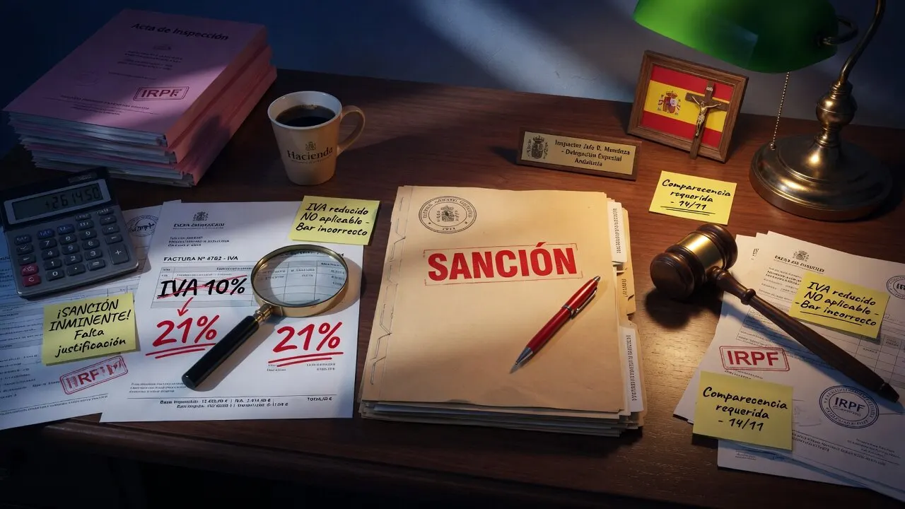 Mesa de inspección de Hacienda: carpeta SANCIÓN, IVA 10% tachado y 21% marcado en rojo