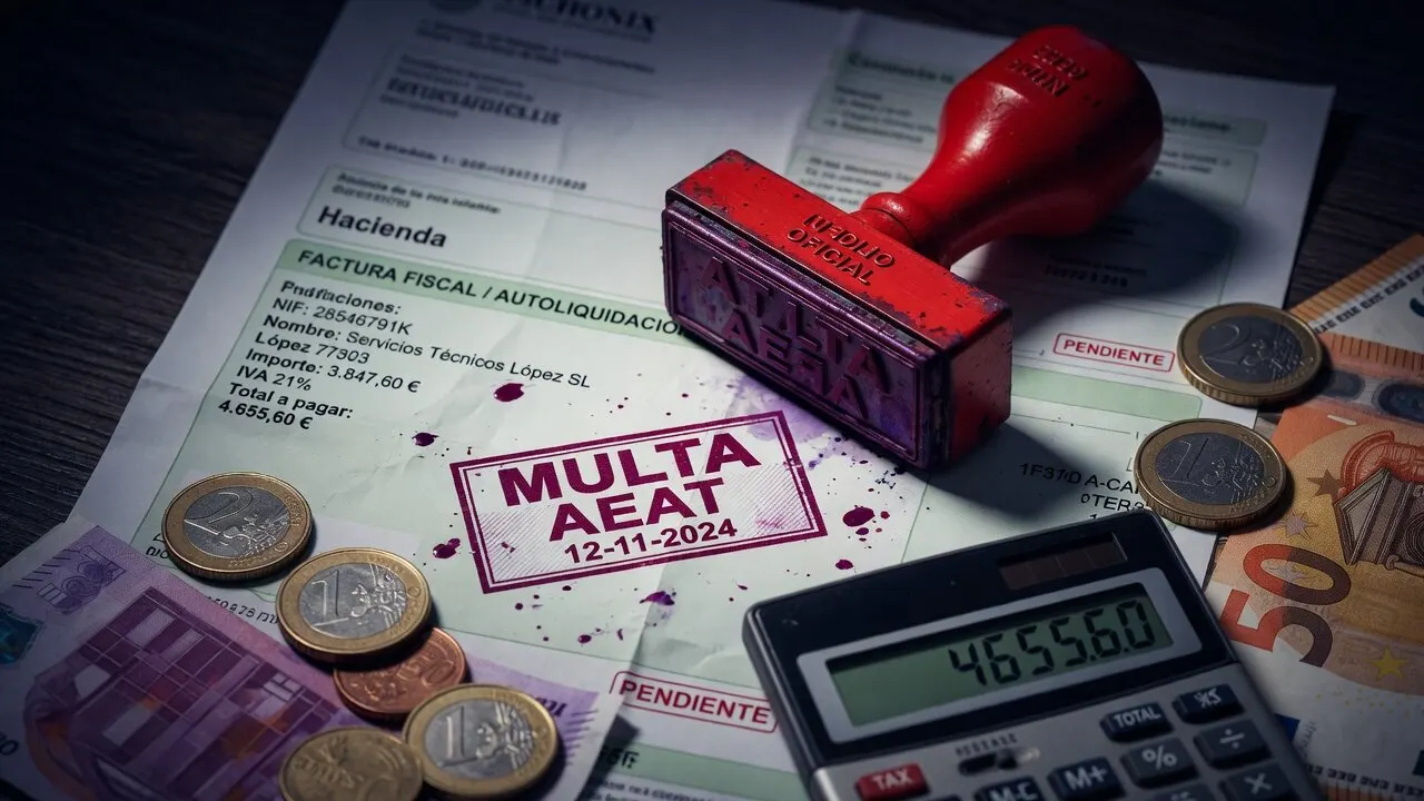 Sello rojo MULTA AEAT sobre factura fiscal con monedas y calculadora