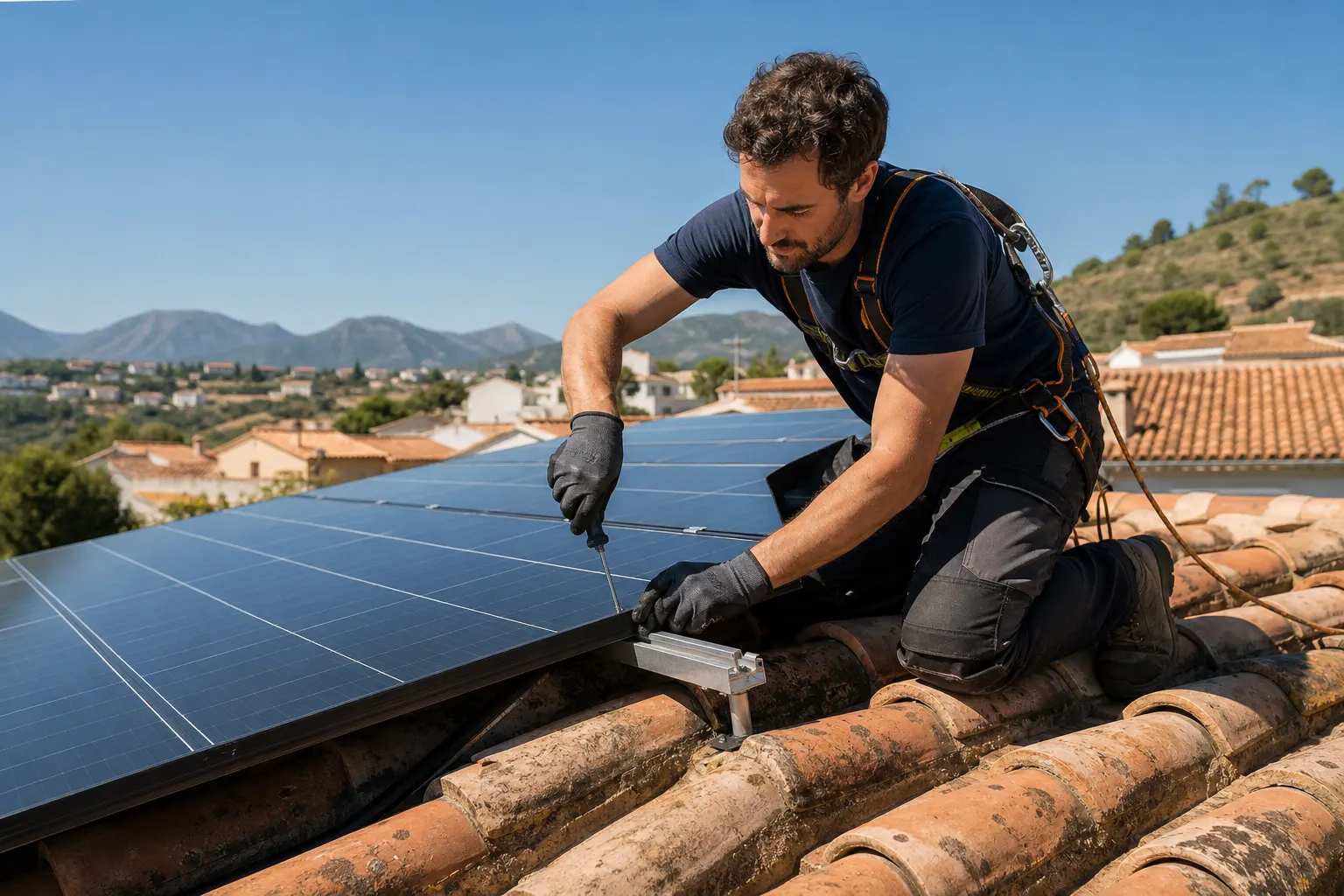 Instalador trabajando en un tejado con placas solares